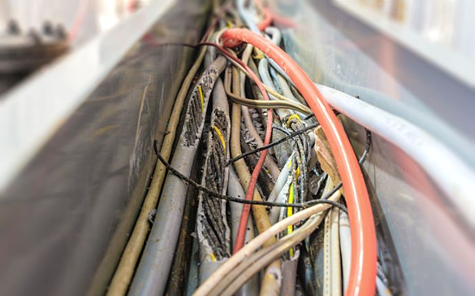 A bunch of gnawed wires in a metal wiring trough